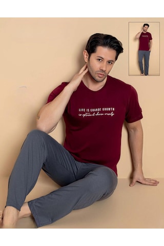 Pijamerry Erkek Bisiklet Yaka Kısa Kol Penye Pijama Takımı 6132 - 1 Adet Bordo