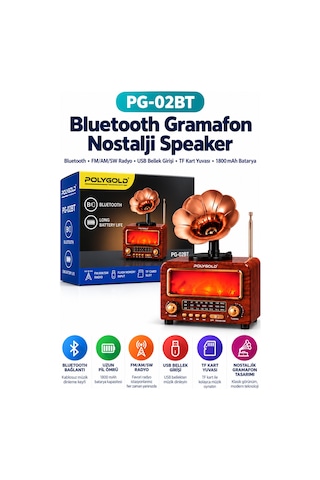 Pg-02bt Bluetooth Gramofon Nostalji Speaker Fm/am/sw Radyo Usb Tf Kart 1800 Mah