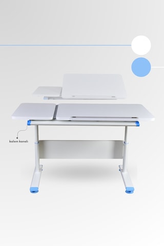 Vega Basic Yükseklik Ve Eğim Ayarlı Beyaz Çalışma Masası, Çekmeceli Bilgisayar Ve Ofis Masası, Mavi Gri