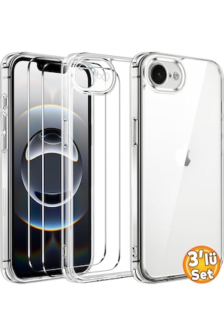 Apple Uyumlu iPhone 16e Şeffaf Kılıf + Cam Ekran Koruyucu Seti (1 CAM 1 KILIF)