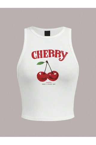 Afri Kadın Beyaz "Cherry" Baskılı Kolsuz Crop Atlet - Yazlık Sokak Stili Beyaz