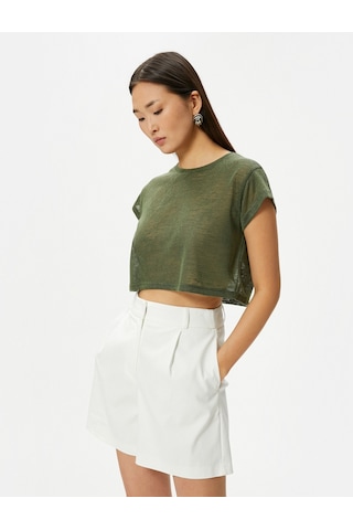 Koton Crop Tişört Kısa Kollu Slim Fit Bisiklet Yaka Haki 4sak50020ek 4SAK50020EK876 Haki