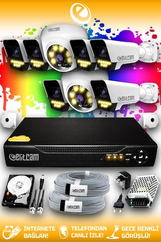 Elitcam 8 Kameralı Süper 2 İç Kamera Set 100 GB 5 MP 2K Net Renkli Gece Görüşlü Güvenlik Kamerası Sistemi