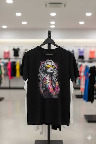 Renkli Kadın Figürü Baskılı Siyah Beyaz T-shirt Siyah