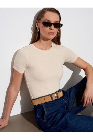 Dilvin 32637 Bisiklet Yaka T-shirt-bej Melanj