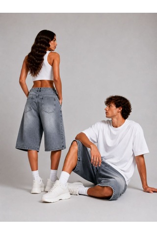 St.poll Eskitme Yıkama Unisex Baggy Denim Şort Gri