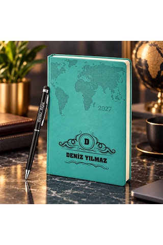 Bk Gift Kişiye Özel 378 Termo Deri Tarihli Ajanda & Siyah Touch Pen Tükenmez Kalem-14 Turkuaz