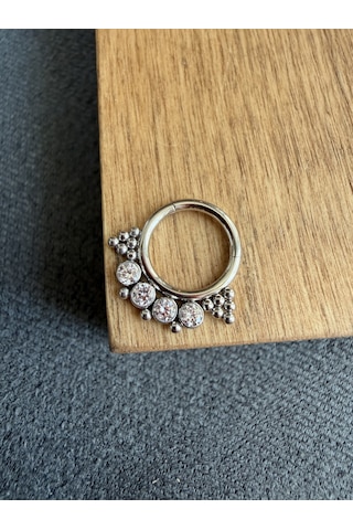 %100 316 L Cerrahi Çelik Otantik Zirkon Taşlı Kilitli Halka Piercing Gümüş