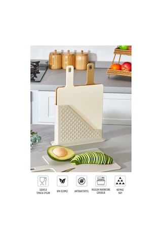 9'lu Mutfak Hazırlık Seti - Standlı Kulplu Kesme Tahtası Karıştırma Kabı Kase Süzgeç Limon Sıkacağı Bej