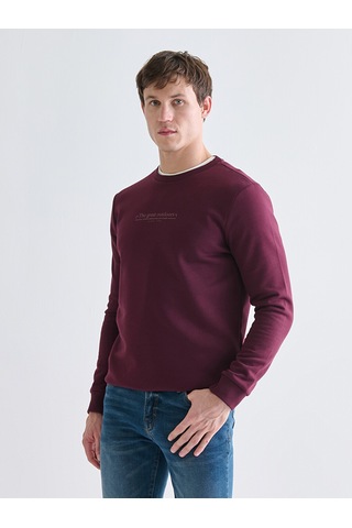Lcwaıkıkı Classic Bordo Bisiklet Yaka Baskılı Erkek Kalın Sweatshirt