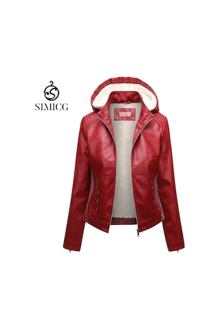 Kapüşonlu Peluş Deri Ceketli Kadın İlkbahar Ve Sonbahar Ceketi Kırmızı