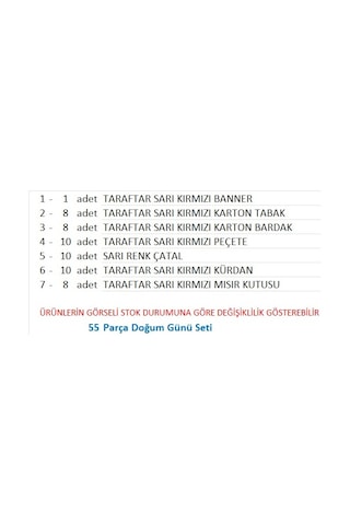 Taraftar Galatasaray Banner, 8 Tabak, 8 Bardak, 8 Mısır Kutusu, 10 Peçete, 10 Çatal, 10 Kürdan