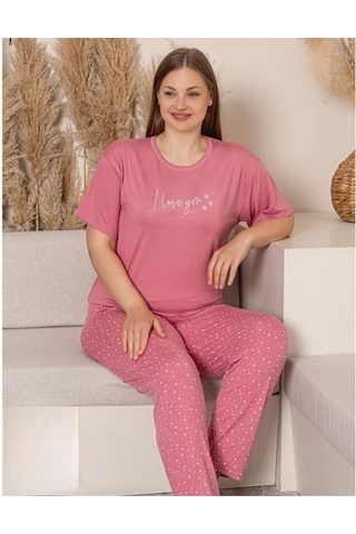 Charme Kadın Büyük Beden Bisiklet Yaka Milan Likralı Kısa Kol Pijama Takımı K601/246 - 1 Adet Pembe