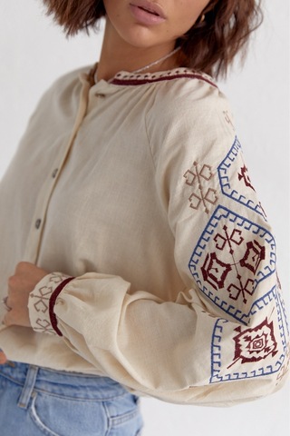 Femelle Kadın Yeni Sezon Etnik Desen Nakış İşlemeli Vintage Gömlek bej