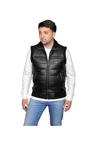 Asyaclub Max Hakiki Deri Erkek Siyah Trikolu Şişme Yelek Siyah