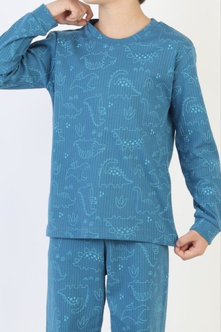 Yumiyumm 8-13 Yaş Erkek Çocuk %100 Pamuklu Fitilli İnterlok Kumaş Dinozor Desenli Pijama Takımı Lacivert