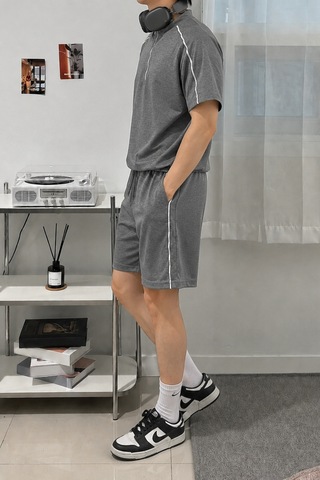 Cool Tarz Erkek Yarım Fermuarlı Şerit Detaylı Şort Takım Regular Fit 2 İplik Şardonsuz Gümüş Gümüş