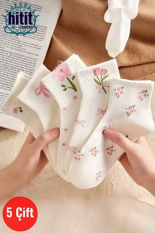 Hitit Socks Kadın 5 Çift Premium Karışık Çiçek Desenli Kısa P... Çok Renkli