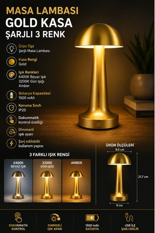 Gold Şarjlı Masa Lambası 3 Renk Işık Dokunmatik Dimmerli Kablosuz Led Masa Gece Lambası 1500 Mah Antik - Bronz