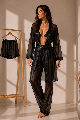 Qmen Style Kadın Şifon Kimono- Pijama - Şort Seti Siyah