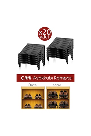 20 Adet Çiftli Ayakkabı Düzenleyici Rampa Siyah