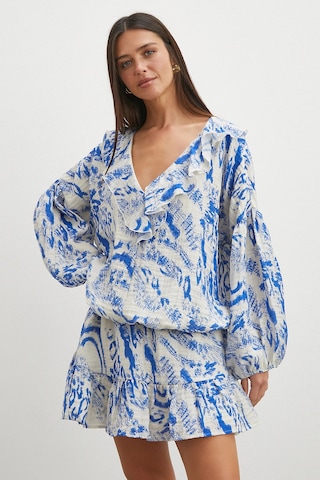 Uterpe Balon Kollu Fırfırlı Desenli Crop Bluz Mavi