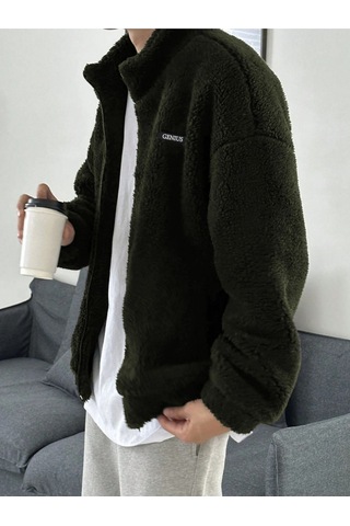 Genius Store Oversize Tam Fermuarlı Kuzu Sweatshirt İçi Polarlı Sherpa Kumaş Sweatshirt Haki