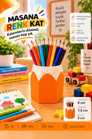 Kalemlik Renkli Kurşun Kalem Tasarımlı, 3d Baskı Turuncu