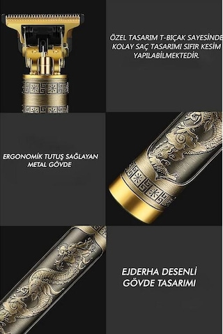 Zhltools Metal Gövdeli Şarjlı T-bıçak Saç Ense Sakal Tıraş Makinesi Ejder Baskılı