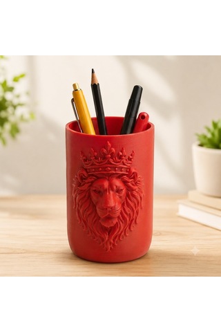 Aslan Figürlü Kalemlik Masaüstü Kalem Organizeri 10x6 Cm 3d Baskı Dekoratif Kalem Kutusu Ofis Ev Çalışma Masası Aksesuarı Kırmızı