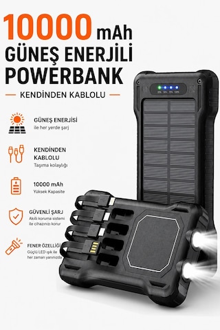 Exenar - Siyah - Güneş Enerjili Powerbank Kendinden Kablolu Solar Taşınabilir Şarj Aleti Çift Led Fenerli 10.000 Mah