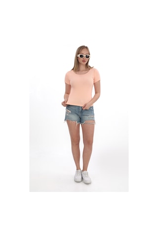 Monox Kadın Fitilli Likralı Pamuk Basic Tshirt Somon
