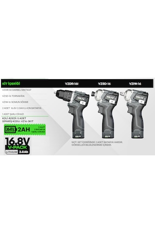 Voltz VZ16-3KIT 16.8V Çift Akülü Vidalama + Somun Sökme + Tornavida 3'lü Set