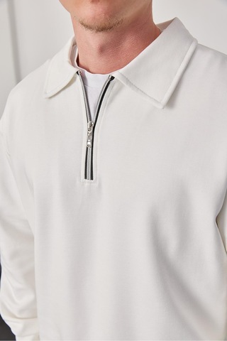 Prtnc Protonic Erkek Polo Yaka Oversize Beyaz Sweatshirt Yarım Fermuar Sweatshirt Beyaz