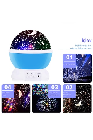 Dekoratif Çocuk Odası Gece Lambası Projeksiyon Dönen Ay Yıldız Mavi