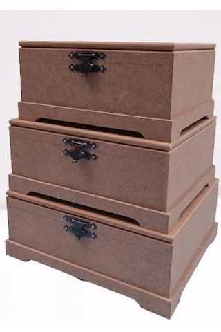 Hobi 90023 Dekoratif Model 3lü Makyaj Kutu Set Ahşap Ham Mdf El Yapımı