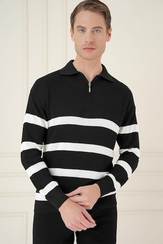 Efor Slim Fit Çizgili Fermuarlı Polo Yaka Siyah Triko Kazak Tr 877 Siyah