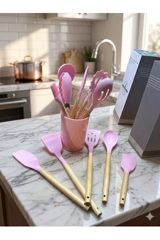 Mey İthalat 12 Parça Bambu Saplı Silikon Mutfak Gereçleri Seti - Pembe Mutfak Servis Seti Çok Renkli