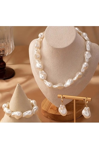 Şık Zarif Elegant Barok Inci Set Kolye Bileklik Küpe Beyaz