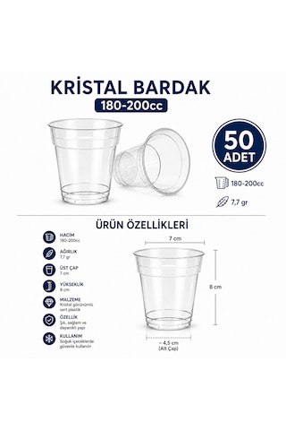 Kristal Plastik Bardak 180-200 Cc 50 Adet Şeffaf Sert Tek Kullanımlık Bardak Su Meşrubat Içecek Servis Bardağı