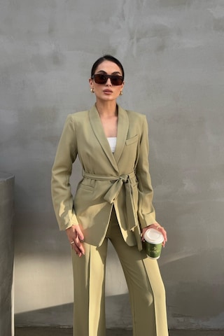 Msm Fashion Kadın İkili Kuşaklı Blazer Ceket Pantolon Takım Açık Haki