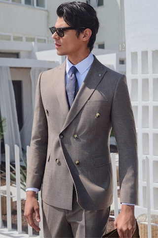 İmza Kahverengi-beyaz Kırlangıç Yaka Kruvaze 6 Drop Slim Fit Tam Astar Esnek Takım Elbise 1001260171 Kahverengi - Beyaz