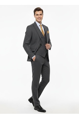 Presto Erkek Slimfit Armürlü 6 Drop Yelekli Takım Elbise Füme 786-070 Gri