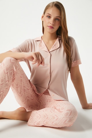 Ritnice Kadın Andra Pudra Ön Düğmeli Kısa Kol Alt Üst Pijama Takımı Pudra