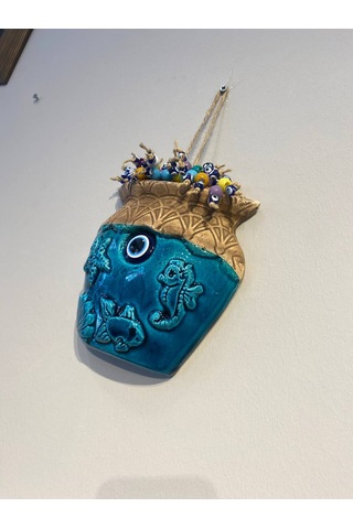 El Yapımı Nazar Boncuğu, Duvar Dekorasyon Ürünü, Seramik, El İşçiliği, Turkuaz Renkte Vazo Desenli -