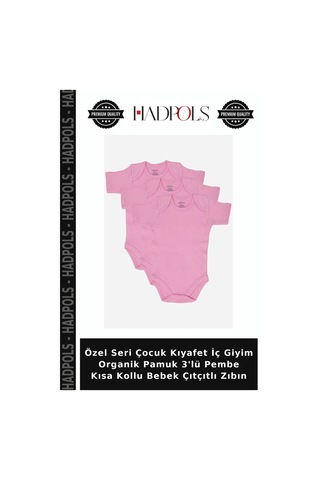Hadpols Özel Seri Çocuk Kıyafet İç Giyim Organik Pamuk 3'lü Pembe Kısa Kollu Bebek Çıtçıtlı Zıbın