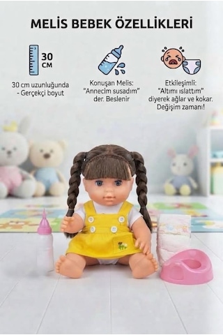 Altını Islatan Konuşan Melis Bebek 30 Cm - Aksesuarlı Kafası Kolları Et Oyuncak Bebek Siyah