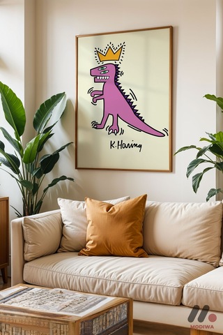 Taçlı Dinozor Pop Art, Ahşap Çerçeveli Duvar Tablosu - Renkli Ev Dekorasyonu