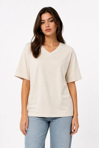 Tarzyeri Kadın V Yaka Basic Tişört Kısa Kol Yazlık Regular Fit T-shirt - Bej