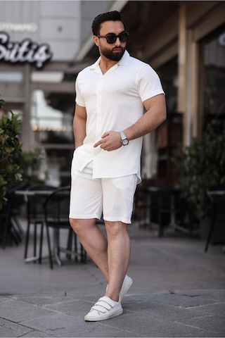 Mfz Giyim Beyaz Renk Ottoman Kumaş Slim Fit Erkek Şort - Gömlek Alt Üst Takım
